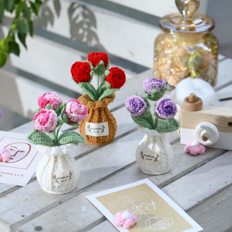 YOOJEE Crochet Flower Pot Valentines Day Gift for Women Him Her Boyfriend Girlfriend Couples Wife Husband Coworker Teacher Birthday Valentines Handmade Knitted Pink Rose Plant Home Decoration - Image 4
